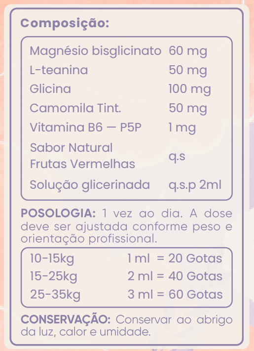 Tabela de composição e posologia do Lévi Calm: magnésio bisglicinato, L-teanina, glicina, camomila, vitamina B6, com dosagem por peso da criança